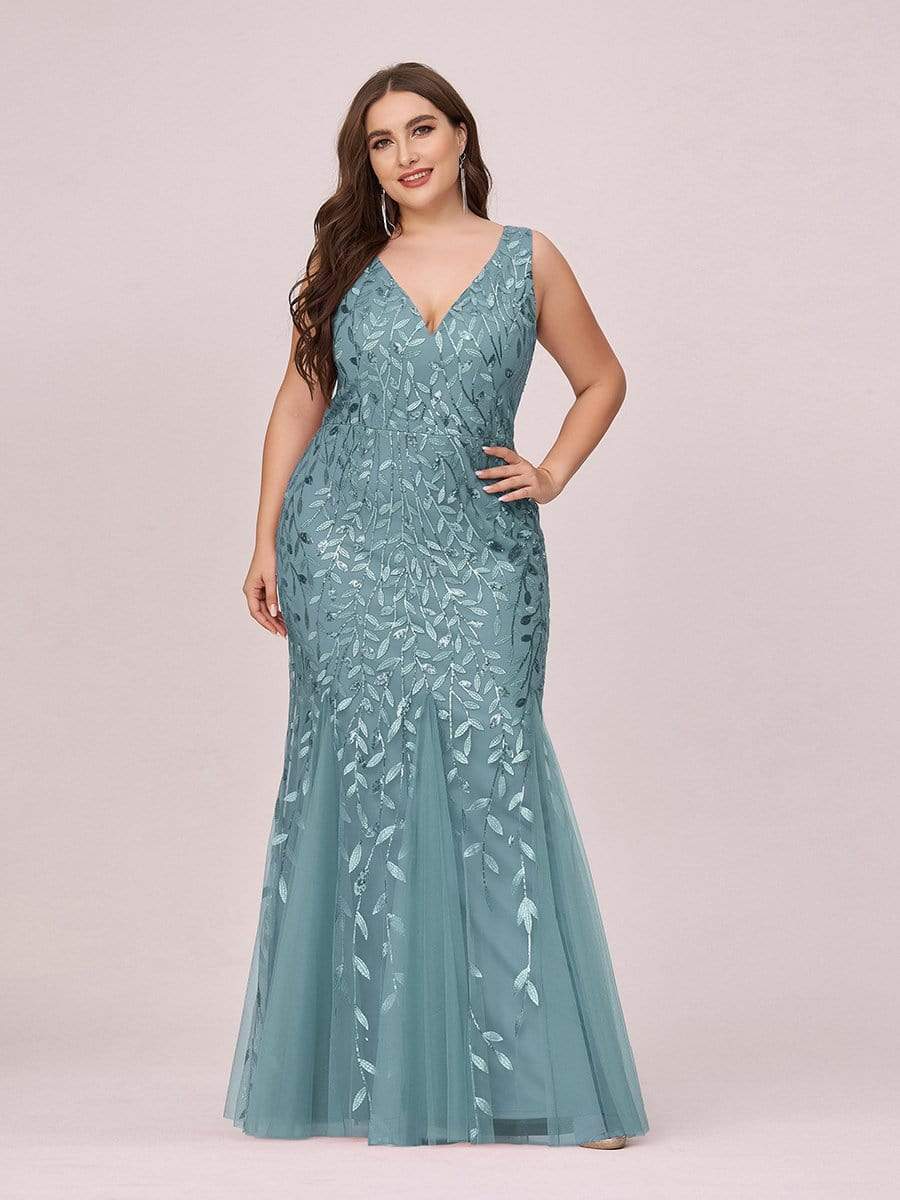 Color=Dusty Blue | Women'S Double V-Neck Fishtail Seuqin Evening Maxi Dress-Dusty Blue 4