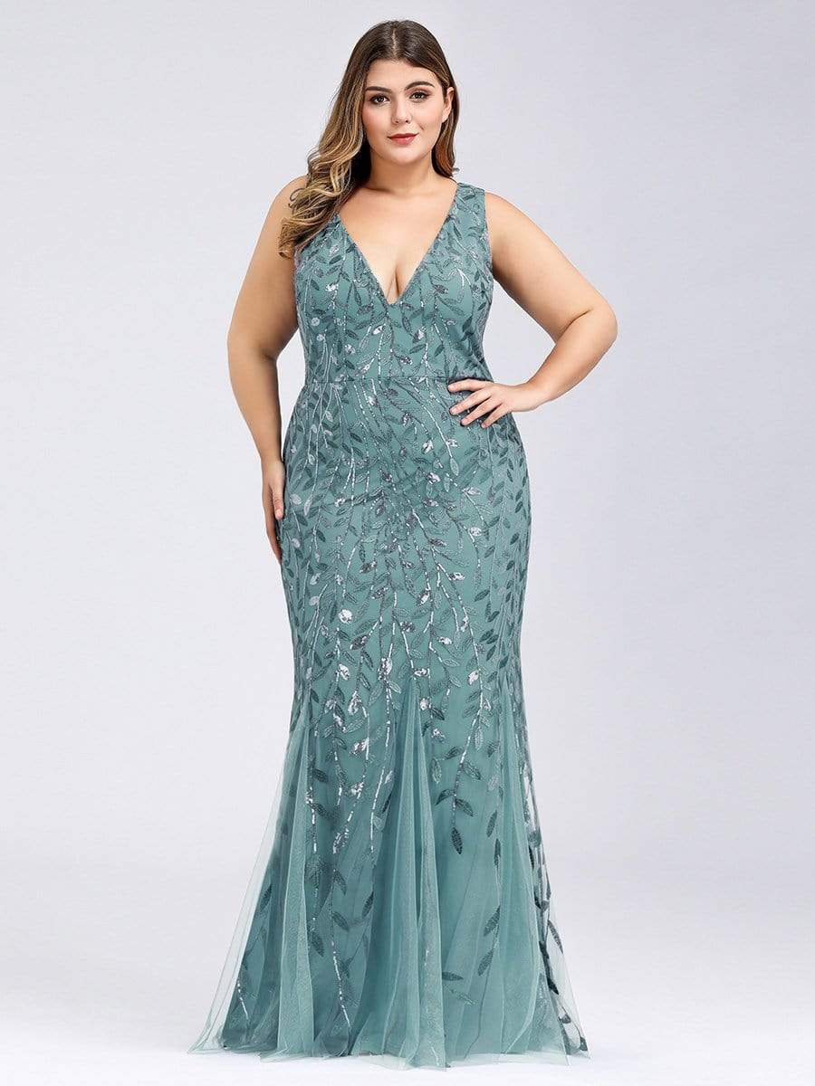 Color=Dusty Blue | Women'S Double V-Neck Plus Size Fishtail Seuqin Evening Maxi Dress-Dusty Blue 4