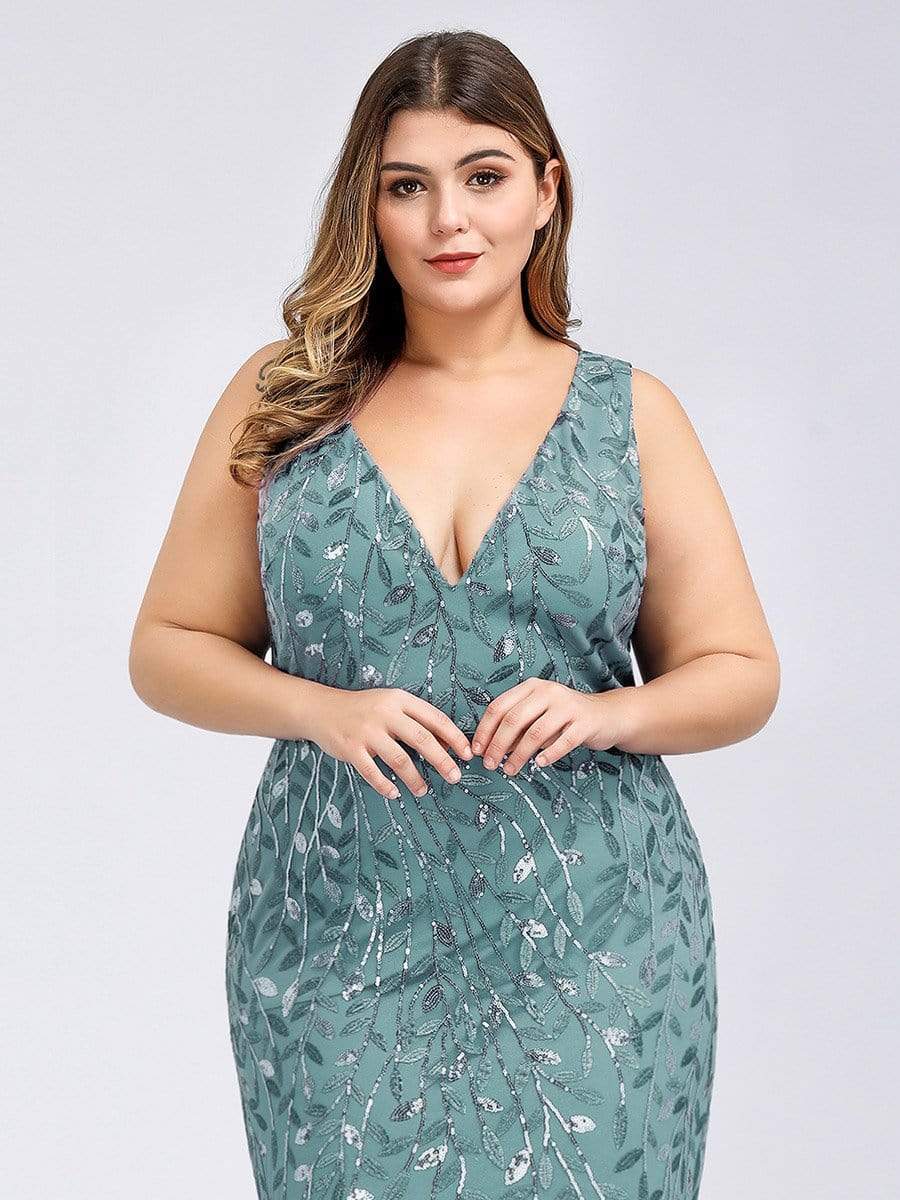 Color=Dusty Blue | Women'S Double V-Neck Plus Size Fishtail Seuqin Evening Maxi Dress-Dusty Blue 5