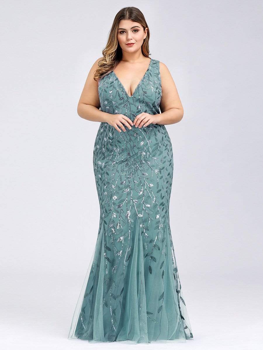 Color=Dusty Blue | Women'S Double V-Neck Plus Size Fishtail Seuqin Evening Maxi Dress-Dusty Blue 1