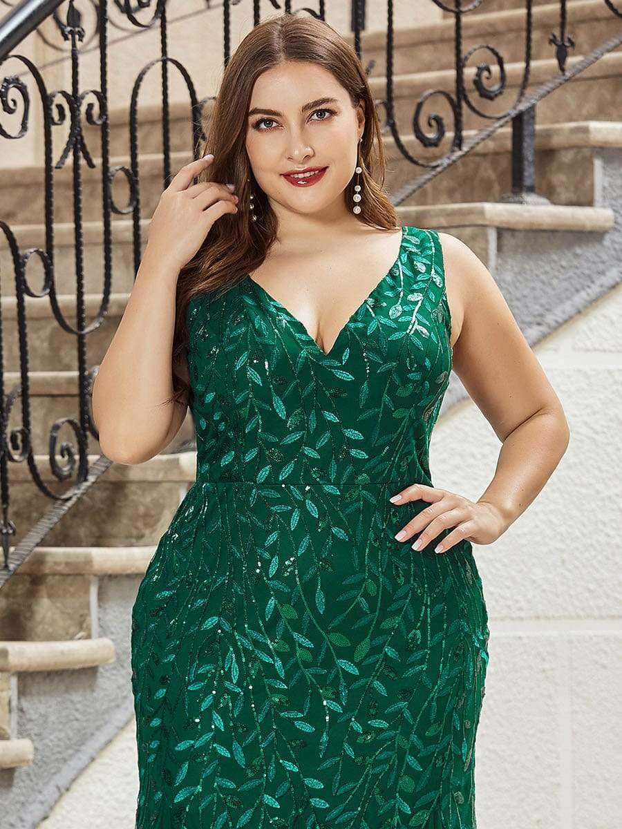 Color=Dark Green | Women'S Double V-Neck Plus Size Fishtail Seuqin Evening Maxi Dress-Dark Green 5