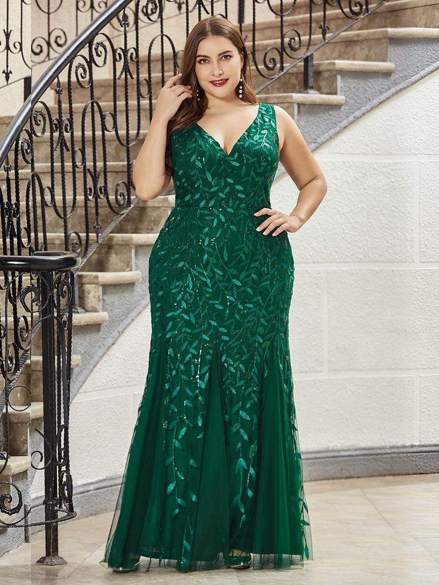 Color=Dark Green | Women'S Double V-Neck Plus Size Fishtail Seuqin Evening Maxi Dress-Dark Green 1