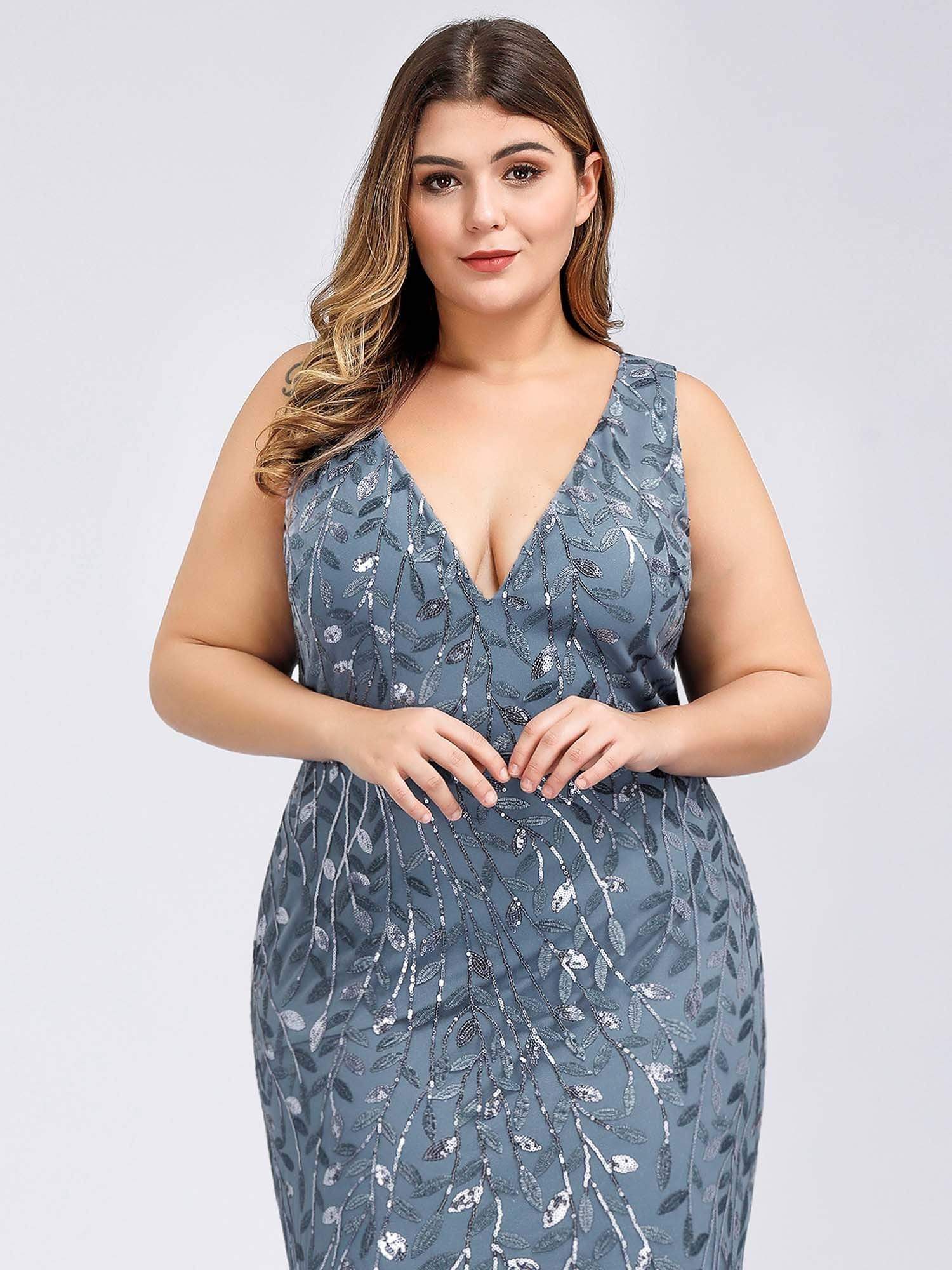 COLOR=Dusty Navy | Women'S Double V-Neck Plus Size Fishtail Seuqin Evening Maxi Dress-Dusty Navy 5