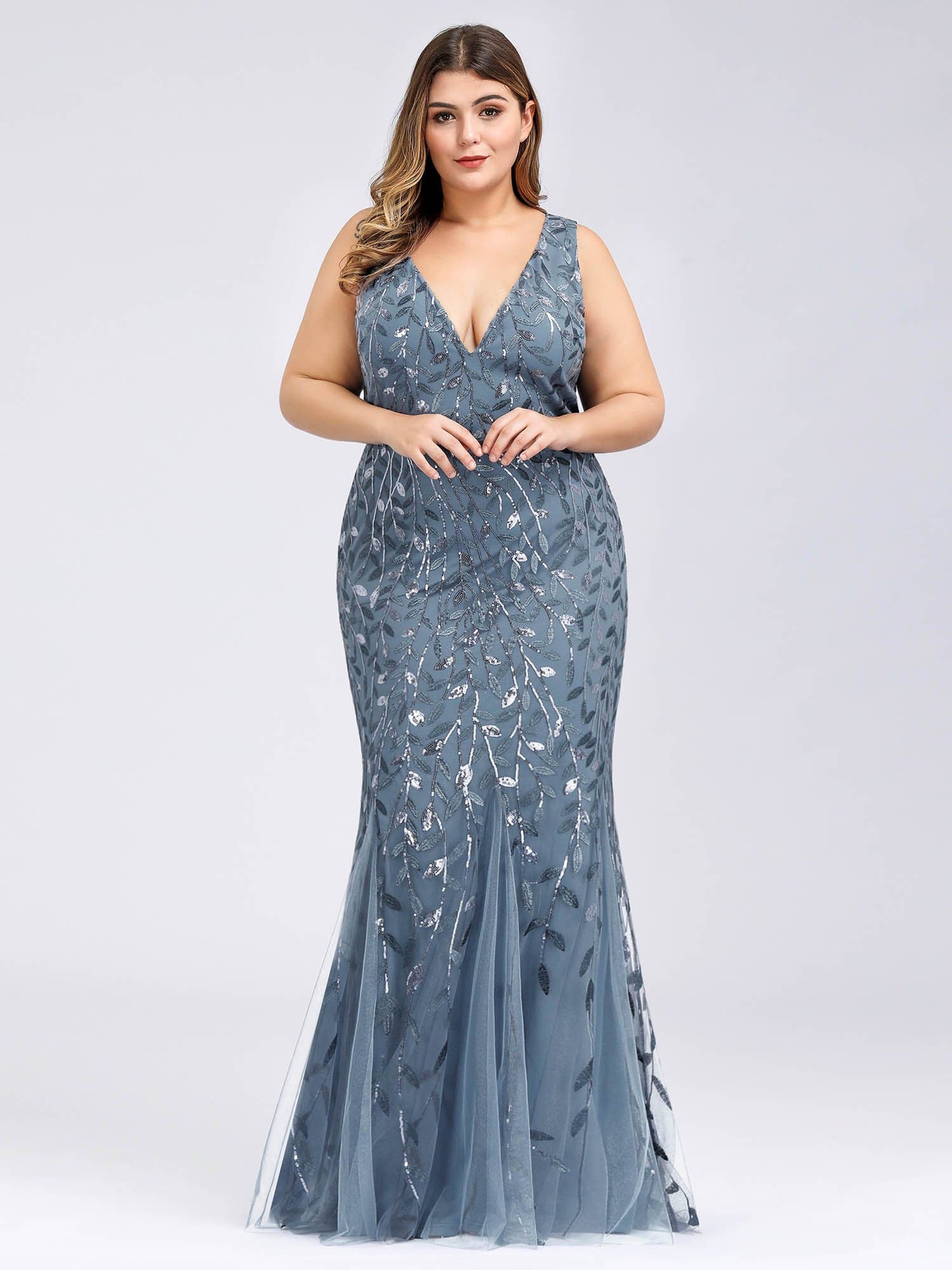 COLOR=Dusty Navy | Women'S Double V-Neck Plus Size Fishtail Seuqin Evening Maxi Dress-Dusty Navy 1