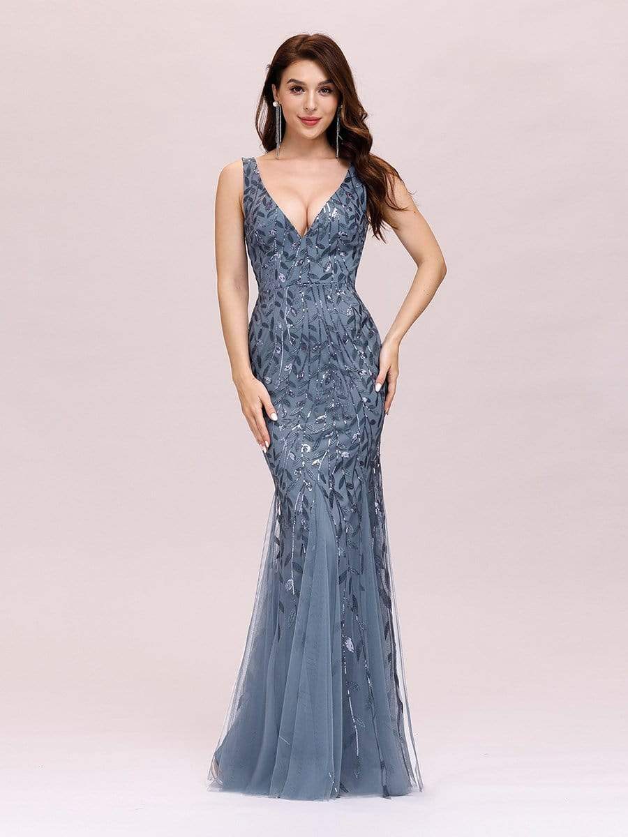 COLOR=Dusty Navy | Women'S Double V-Neck Fishtail Seuqin Evening Maxi Dress-Dusty Navy 1