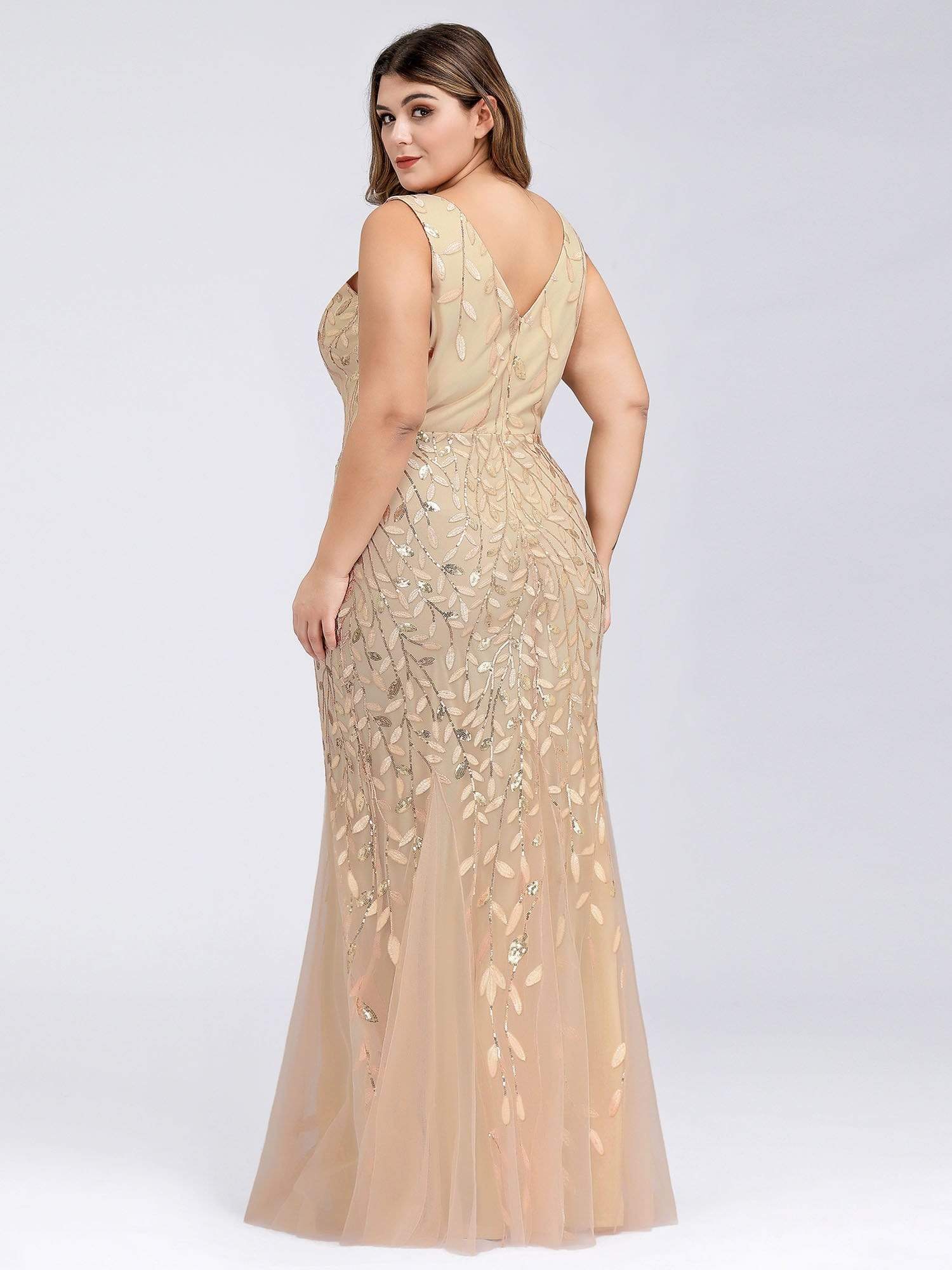 COLOR=Gold | Women'S Double V-Neck Plus Size Fishtail Seuqin Evening Maxi Dress-Gold 2