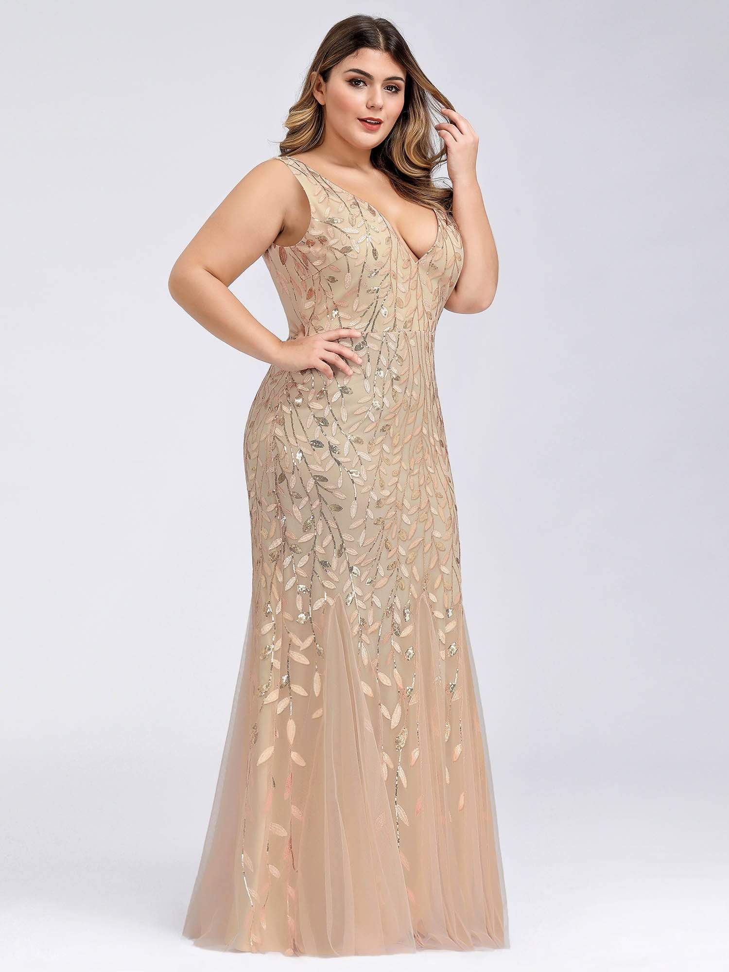 COLOR=Gold | Women'S Double V-Neck Plus Size Fishtail Seuqin Evening Maxi Dress-Gold 3