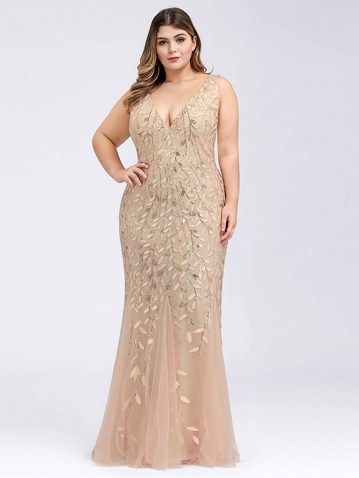 COLOR=Gold | Women'S Double V-Neck Plus Size Fishtail Seuqin Evening Maxi Dress-Gold 4