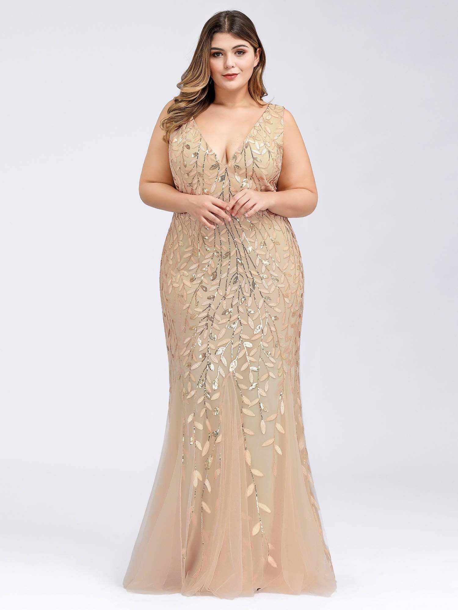 COLOR=Gold | Women'S Double V-Neck Plus Size Fishtail Seuqin Evening Maxi Dress-Gold 1