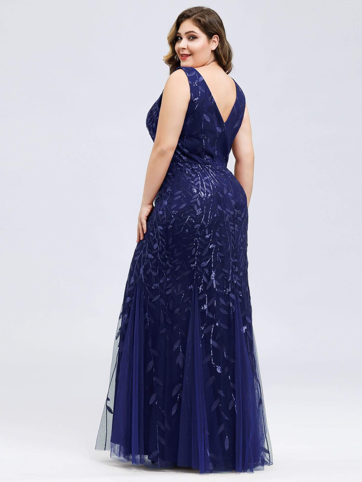 Color=Navy Blue | Women'S Double V-Neck Plus Size Fishtail Seuqin Evening Maxi Dress-Navy Blue 2