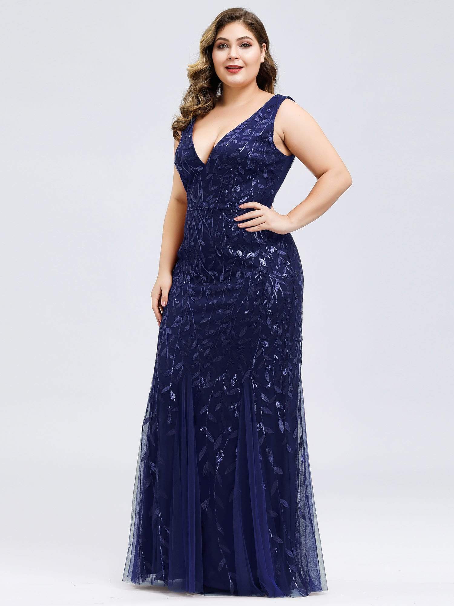 Color=Navy Blue | Women'S Double V-Neck Plus Size Fishtail Seuqin Evening Maxi Dress-Navy Blue 3