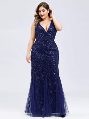 Color=Navy Blue | Women'S Double V-Neck Plus Size Fishtail Seuqin Evening Maxi Dress-Navy Blue 4