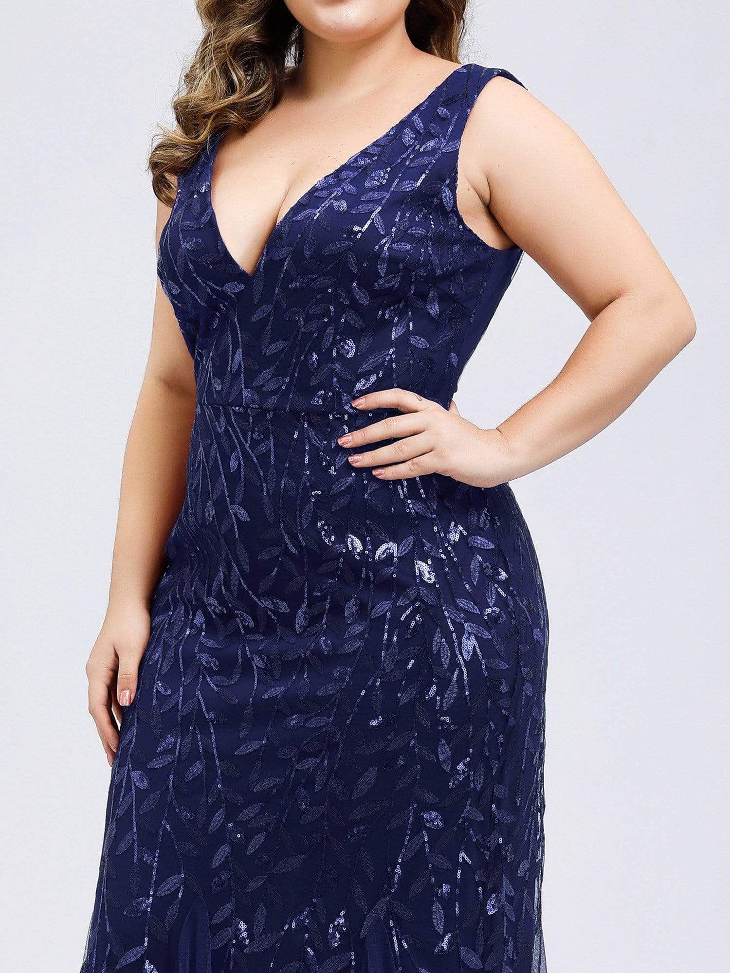 Color=Navy Blue | Women'S Double V-Neck Plus Size Fishtail Seuqin Evening Maxi Dress-Navy Blue 5