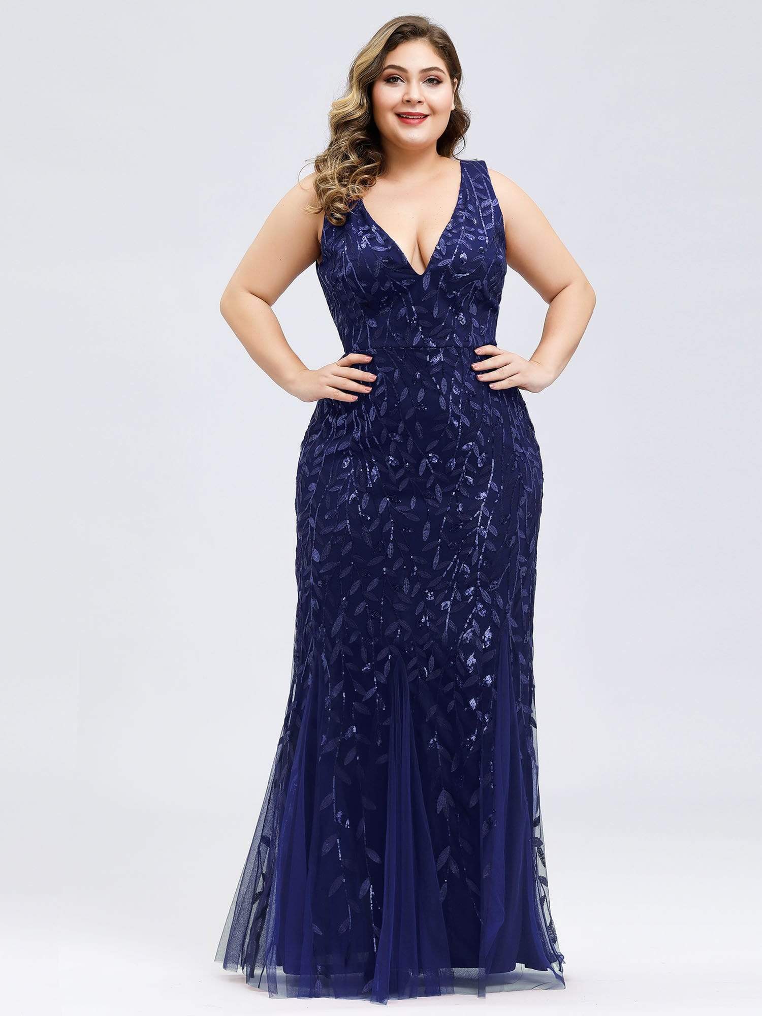 Color=Navy Blue | Women'S Double V-Neck Plus Size Fishtail Seuqin Evening Maxi Dress-Navy Blue 1