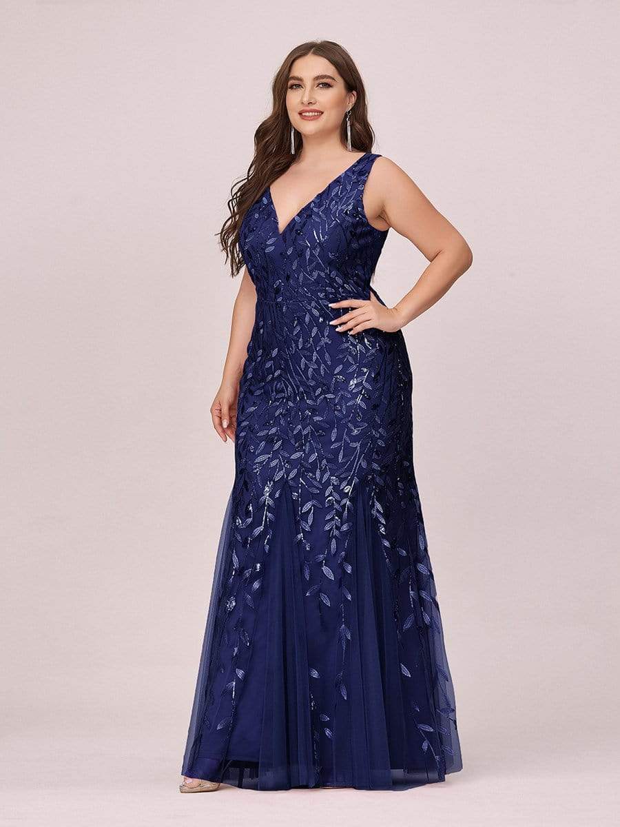 Color=Navy Blue | Women'S Double V-Neck Fishtail Seuqin Evening Maxi Dress-Navy Blue 4