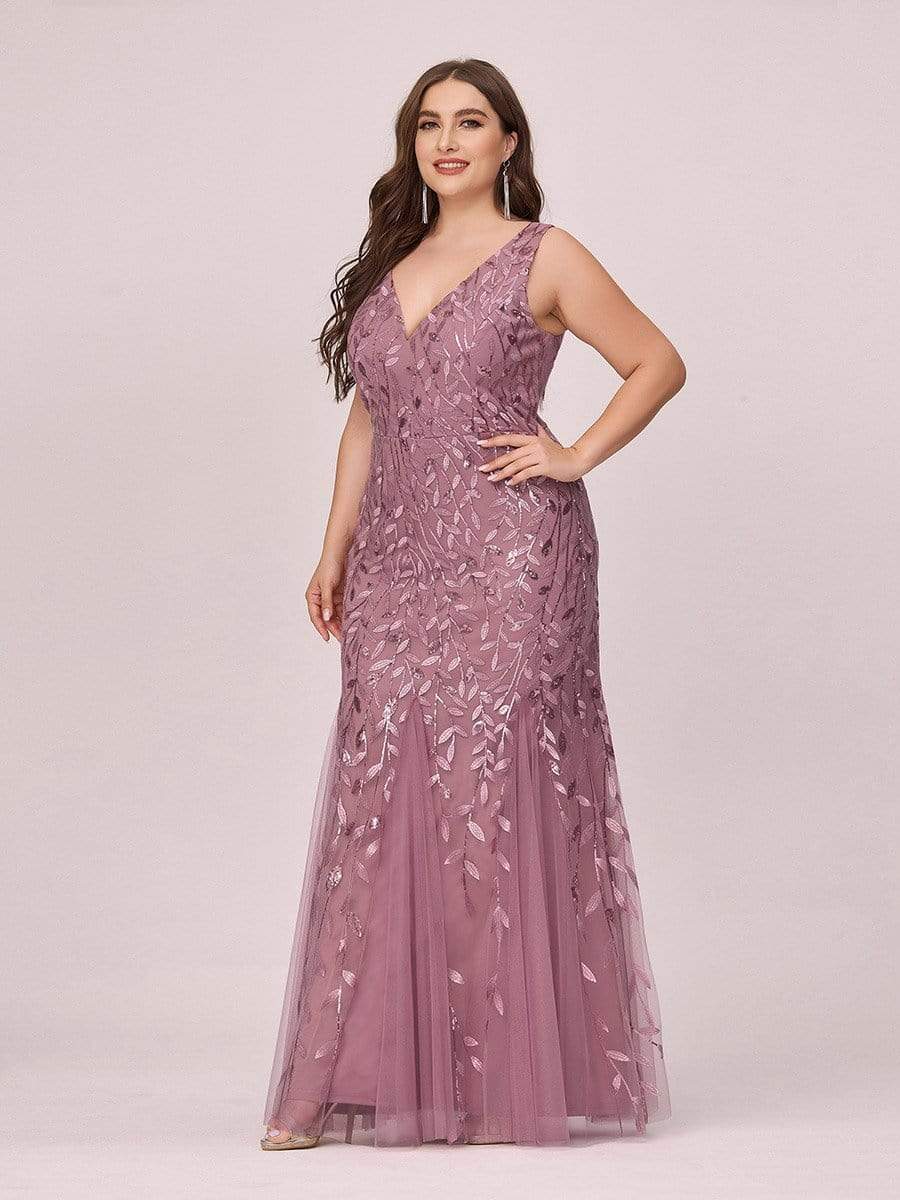 COLOR=Purple Orchid | Women'S Double V-Neck Plus Size Fishtail Seuqin Evening Maxi Dress-Purple Orchid 3