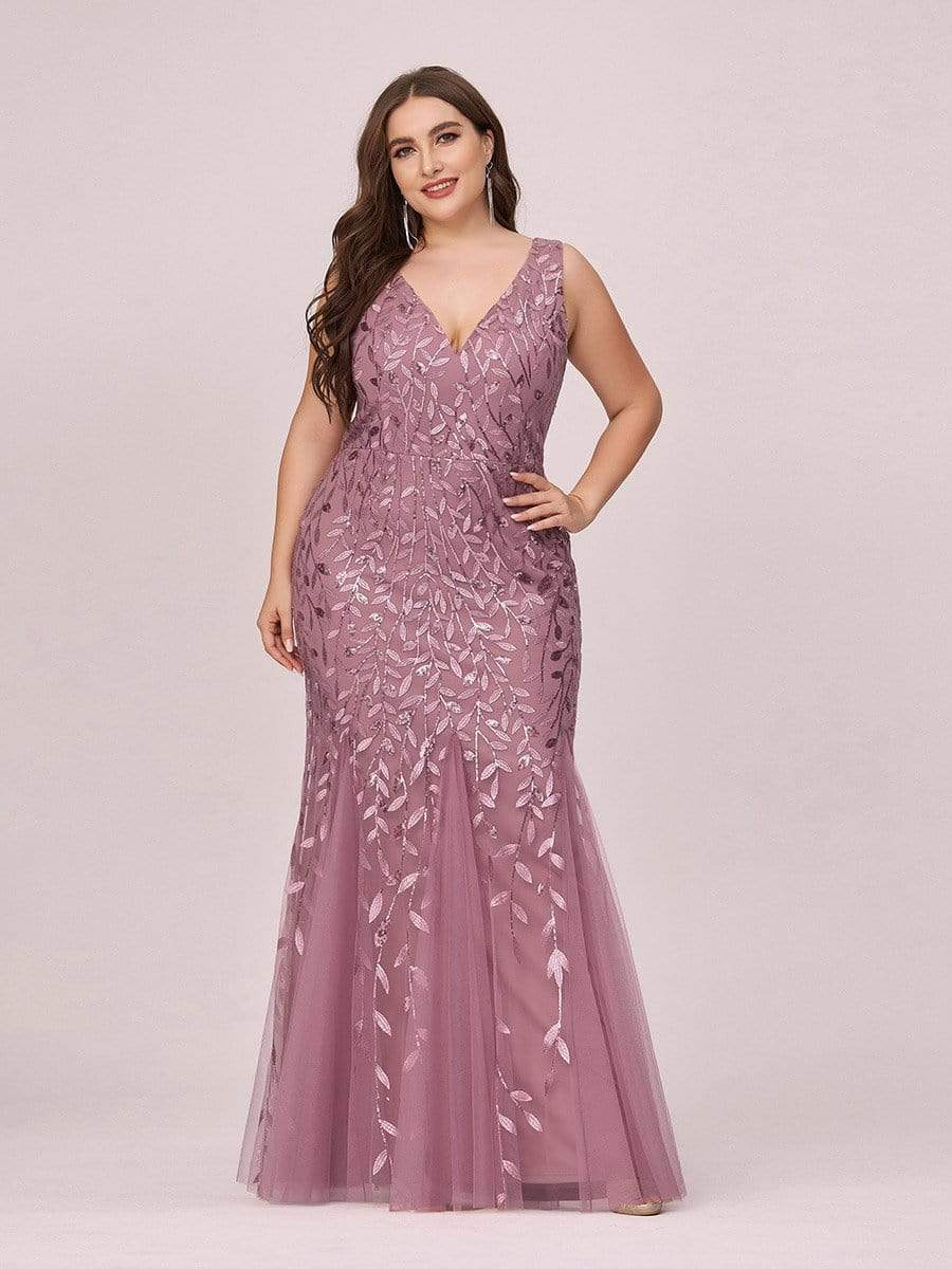 COLOR=Purple Orchid | Women'S Double V-Neck Plus Size Fishtail Seuqin Evening Maxi Dress-Purple Orchid 1