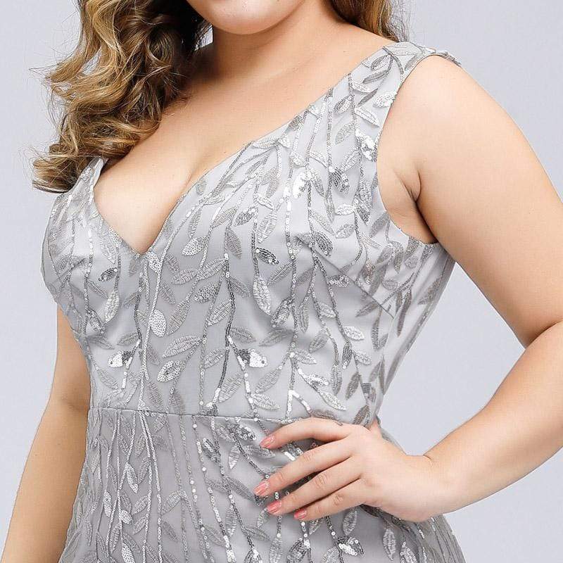 Color=Silver | Women'S Double V-Neck Plus Size Fishtail Seuqin Evening Maxi Dress-Silver 5