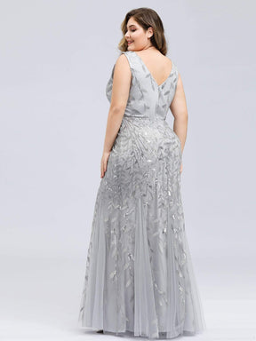 Color=Silver | Women'S Double V-Neck Plus Size Fishtail Seuqin Evening Maxi Dress-Silver 2