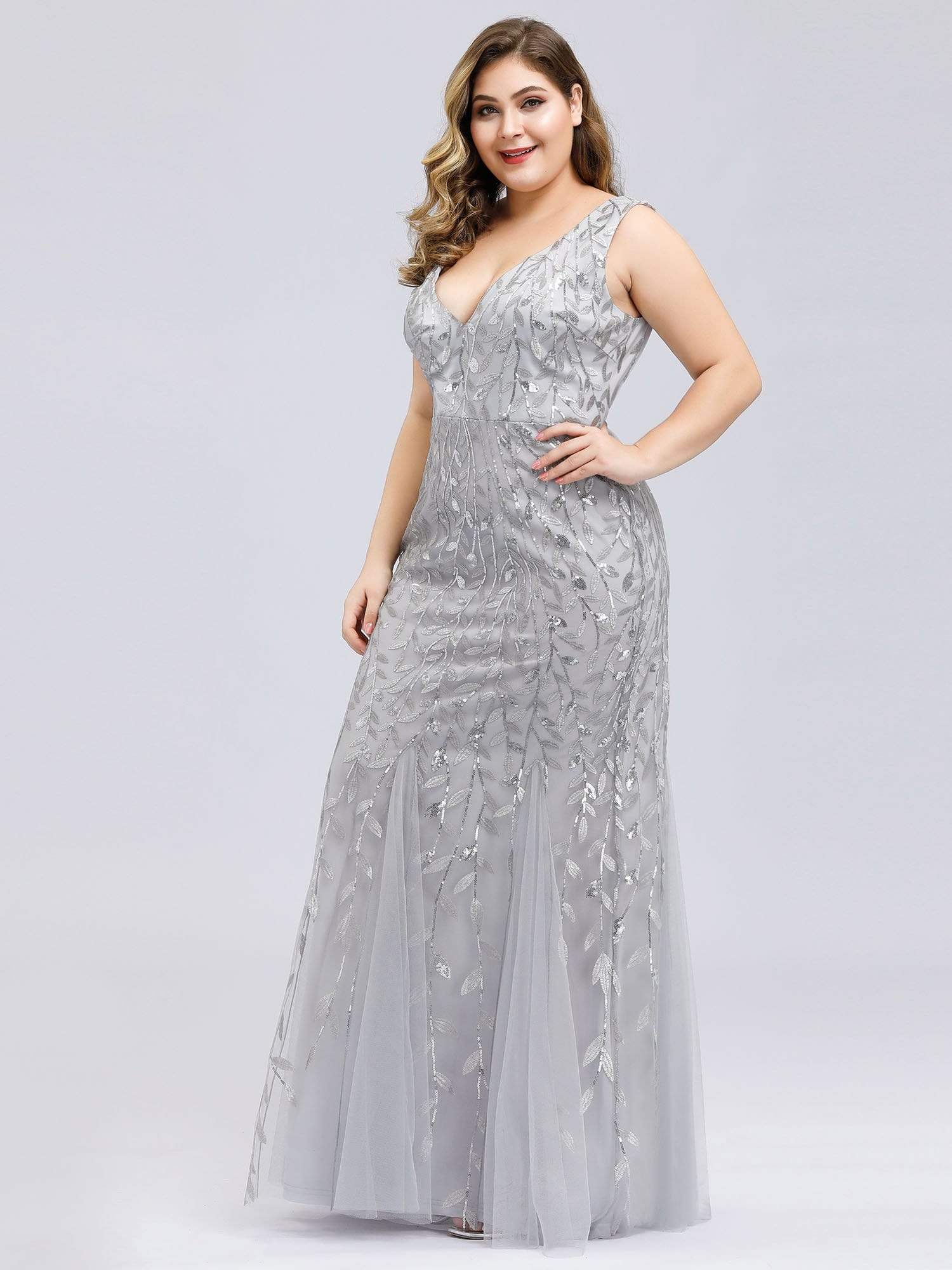 Color=Silver | Women'S Double V-Neck Plus Size Fishtail Seuqin Evening Maxi Dress-Silver 3