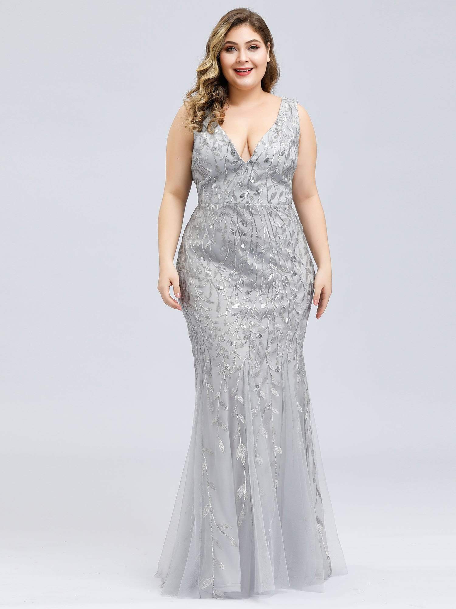 Color=Silver | Women'S Double V-Neck Plus Size Fishtail Seuqin Evening Maxi Dress-Silver 4