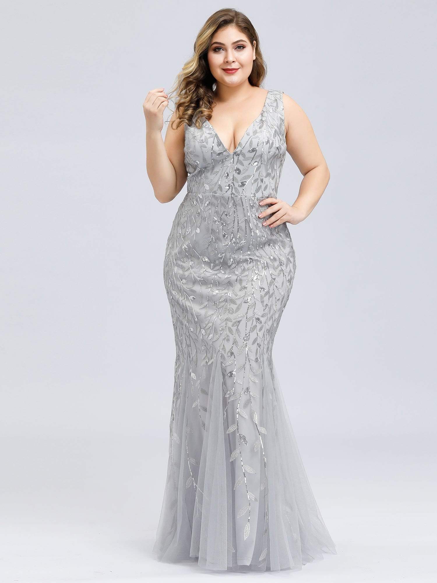 Color=Silver | Women'S Double V-Neck Plus Size Fishtail Seuqin Evening Maxi Dress-Silver 1