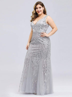 Color=Silver | Women'S Double V-Neck Fishtail Seuqin Evening Maxi Dress-Silver 5