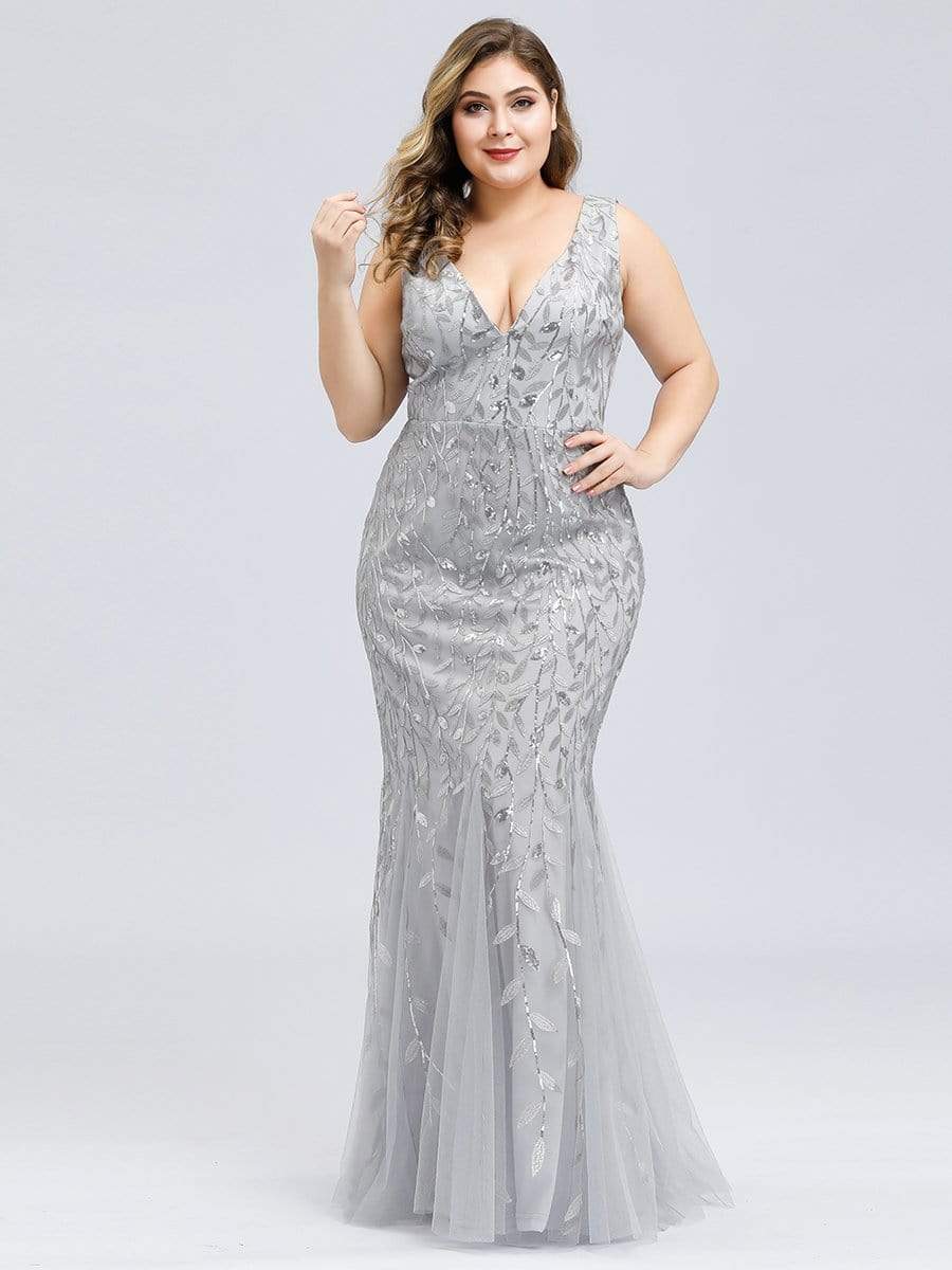 Color=Silver | Women'S Double V-Neck Fishtail Seuqin Evening Maxi Dress-Silver 4