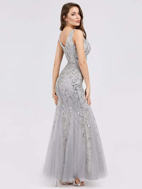 Color=Silver | Women'S Double V-Neck Fishtail Seuqin Evening Maxi Dress-Silver 2