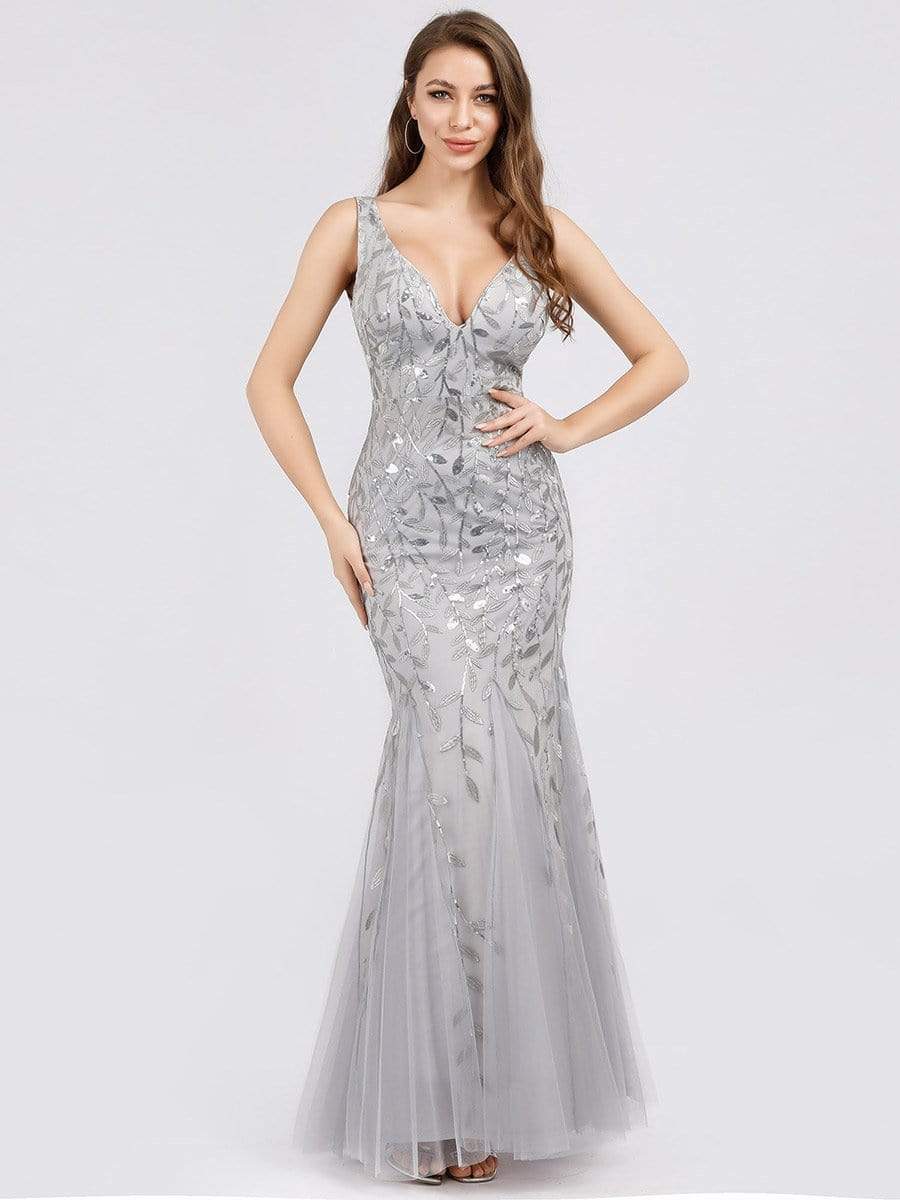 Color=Silver | Women'S Double V-Neck Fishtail Seuqin Evening Maxi Dress-Silver 1