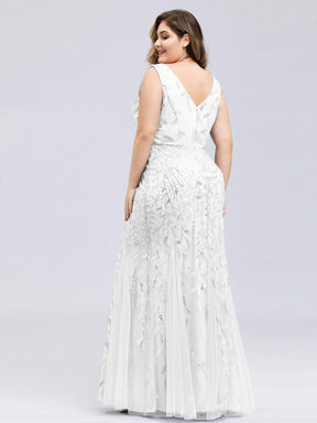 COLOR=White | Women'S Double V-Neck Plus Size Fishtail Seuqin Evening Maxi Dress-White 2