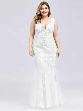 COLOR=White | Women'S Double V-Neck Plus Size Fishtail Seuqin Evening Maxi Dress-White 4