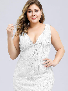 COLOR=White | Women'S Double V-Neck Plus Size Fishtail Seuqin Evening Maxi Dress-White 5