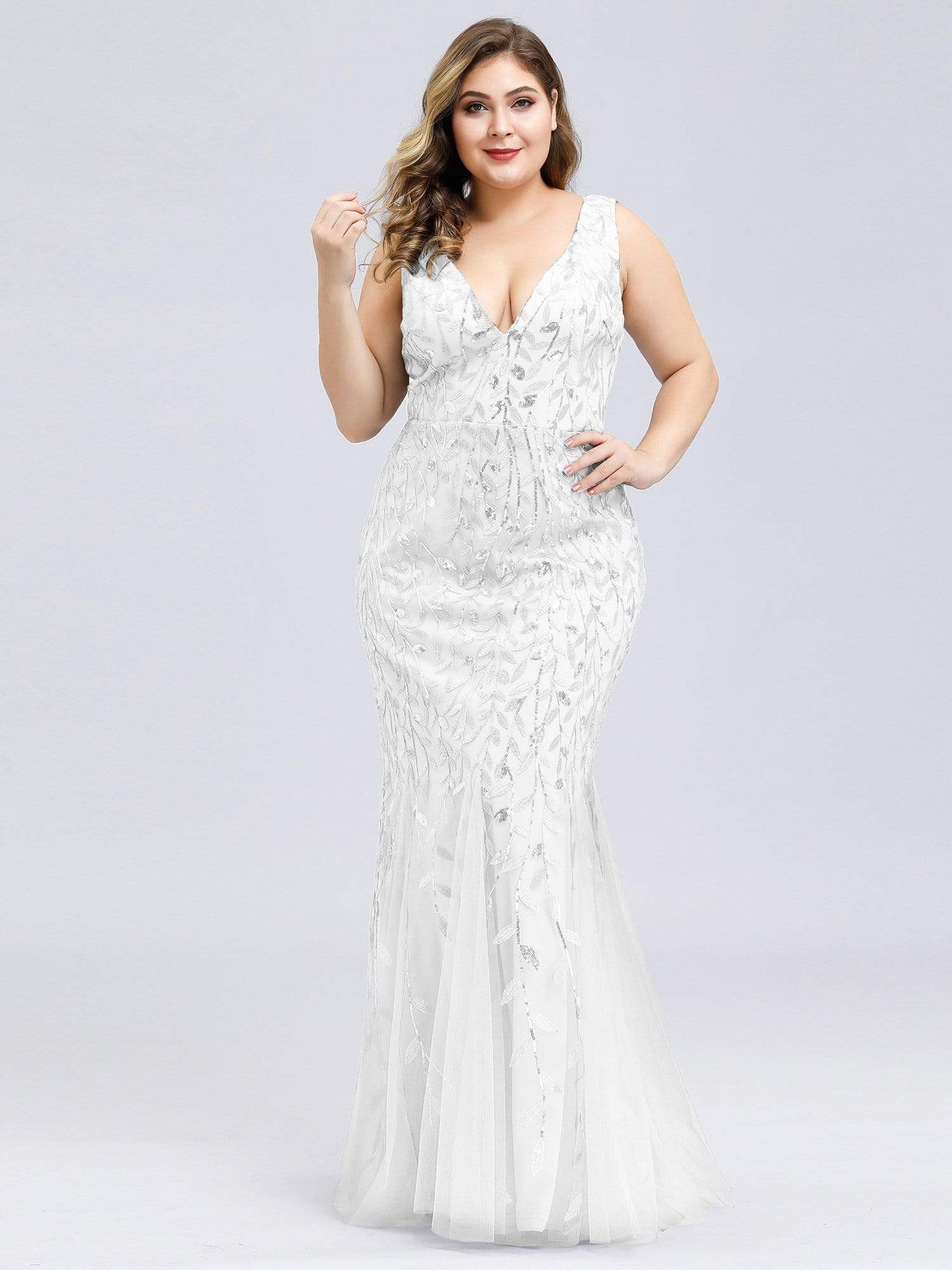 COLOR=White | Women'S Double V-Neck Plus Size Fishtail Seuqin Evening Maxi Dress-White 1