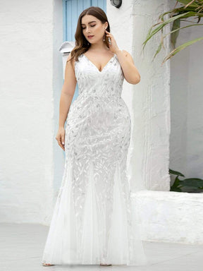 COLOR=White | Women'S Double V-Neck Fishtail Seuqin Evening Maxi Dress-White 6