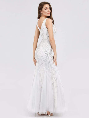 COLOR=White | Women'S Double V-Neck Fishtail Seuqin Evening Maxi Dress-White 4
