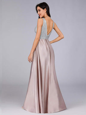 Color=Blush | Women V Neck Paillette Floor Length Evening Dresses-Blush 6