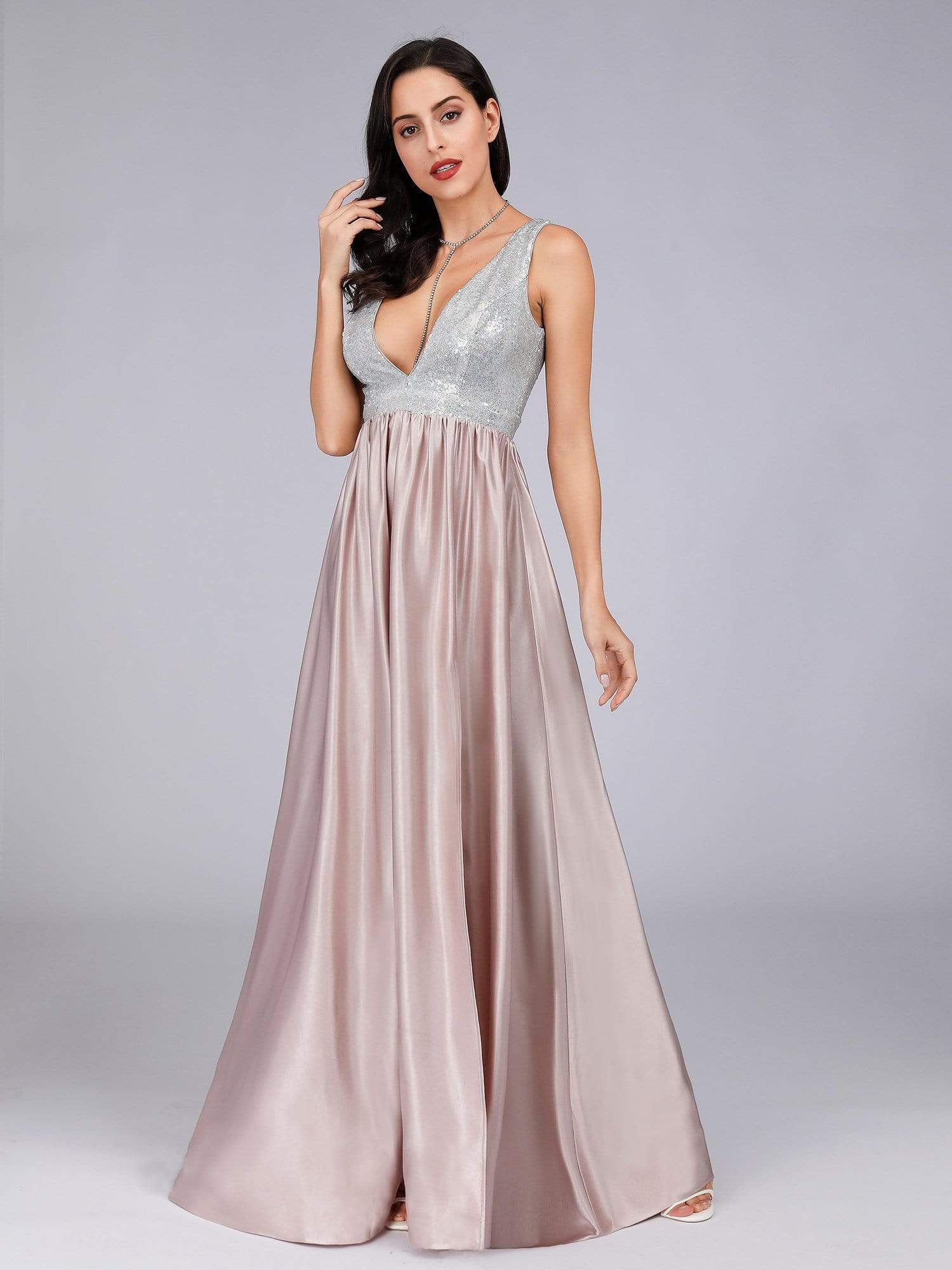 Color=Blush | Women V Neck Paillette Floor Length Evening Dresses-Blush 8