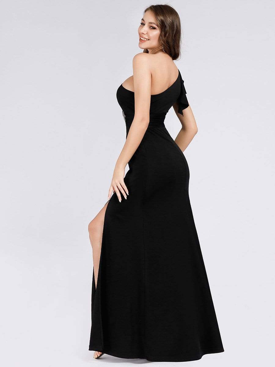 Color=Black | Fashion One Shoulder High Slit Party Dress-Black 4