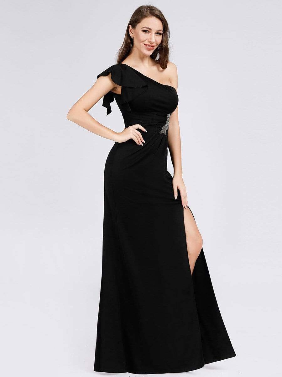 Color=Black | Fashion One Shoulder High Slit Party Dress-Black 2