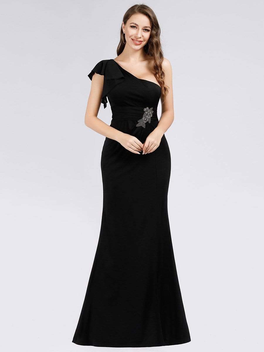 Color=Black | Fashion One Shoulder High Slit Party Dress-Black 3