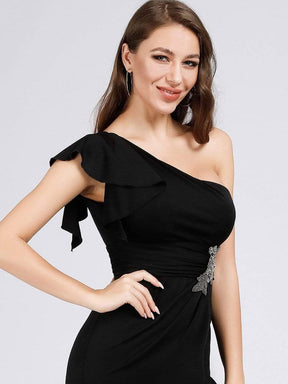 Color=Black | Fashion One Shoulder High Slit Party Dress-Black 5