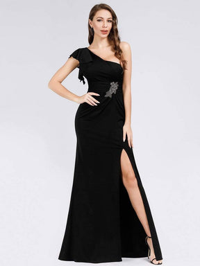 Color=Black | Fashion One Shoulder High Slit Party Dress-Black 1