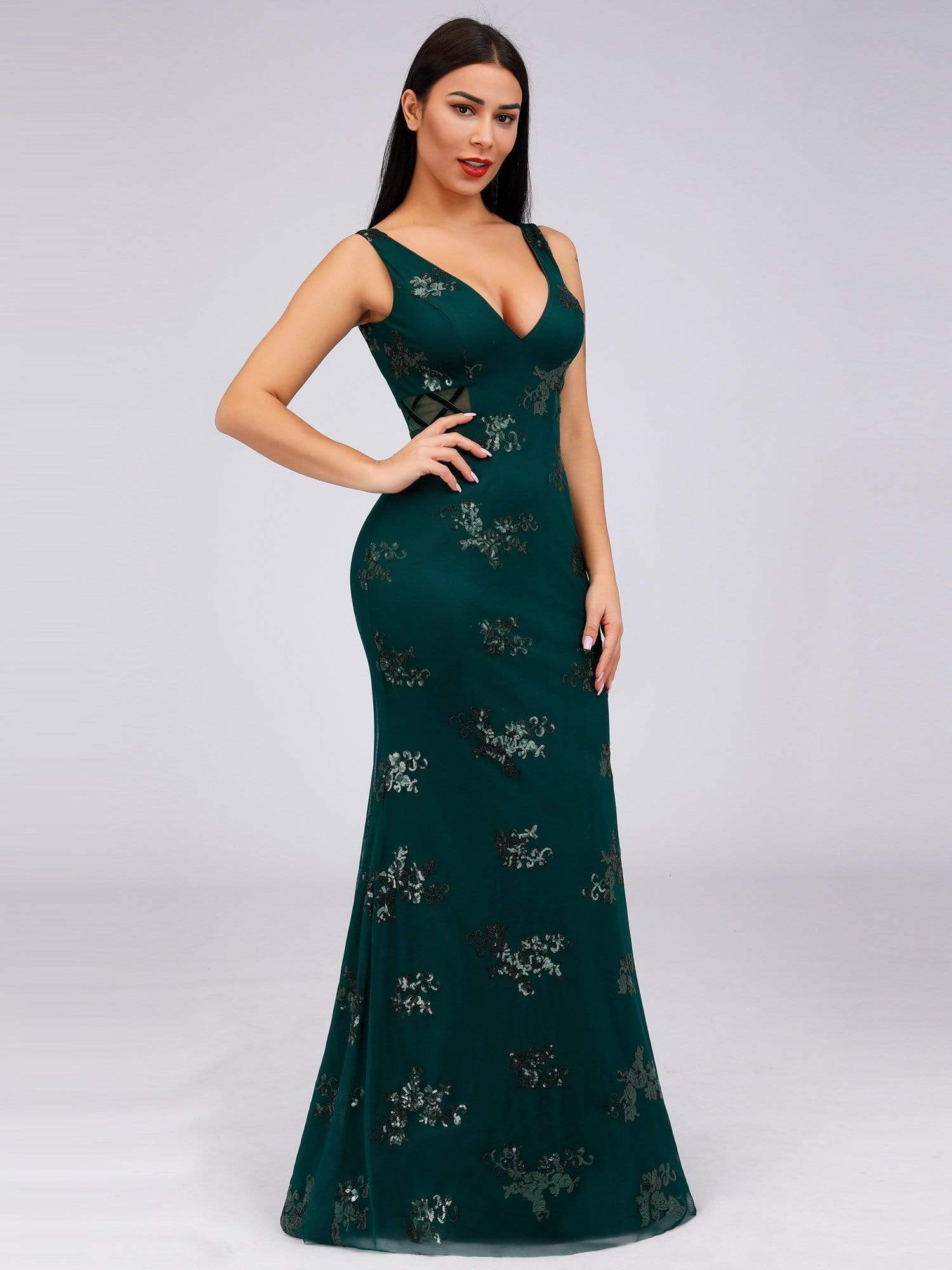 Color=Dark Green | Women'S Double V-Neck Sleeveless Mermaid Cocktail Party Maxi Dress-Dark Green 1