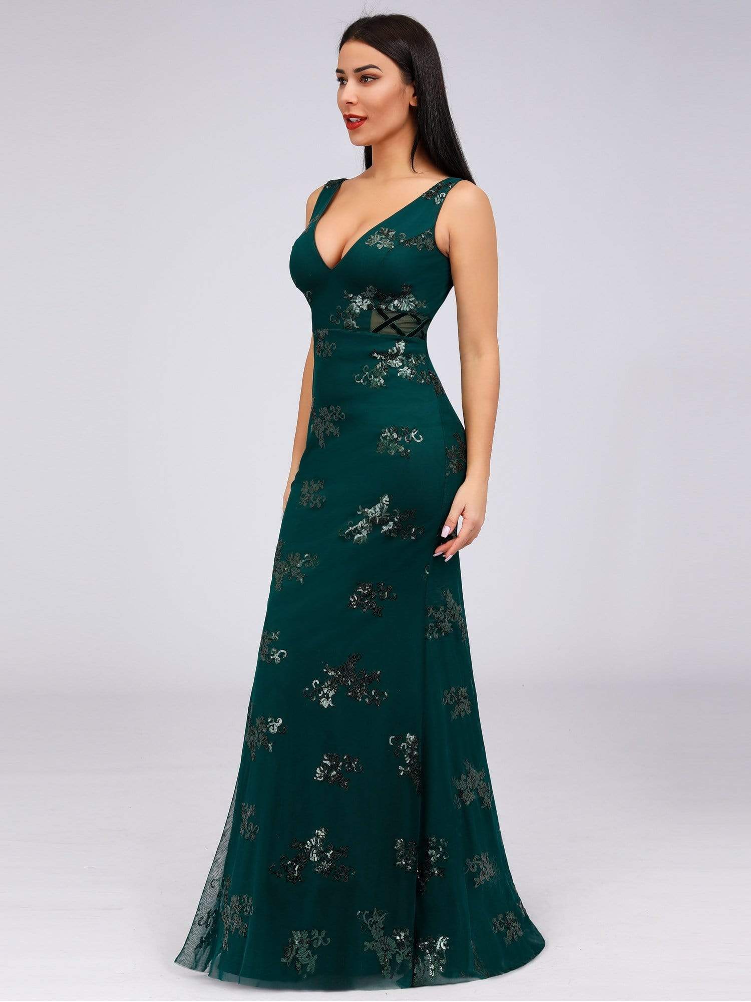 Color=Dark Green | Women'S Double V-Neck Sleeveless Mermaid Cocktail Party Maxi Dress-Dark Green 2