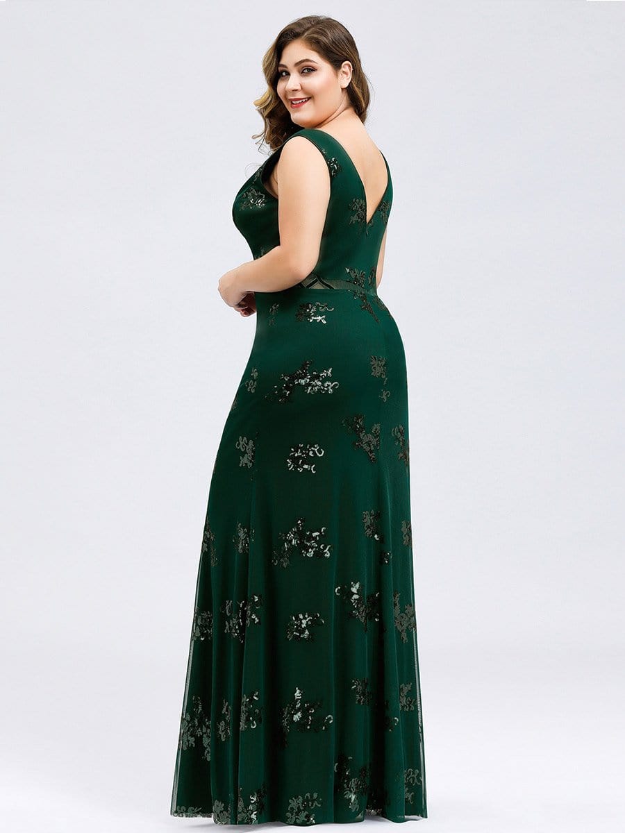 Color=Dark Green | Plus Size Women'S Double V-Neck Sleeveless Mermaid Cocktail Party Maxi Dress-Dark Green 2