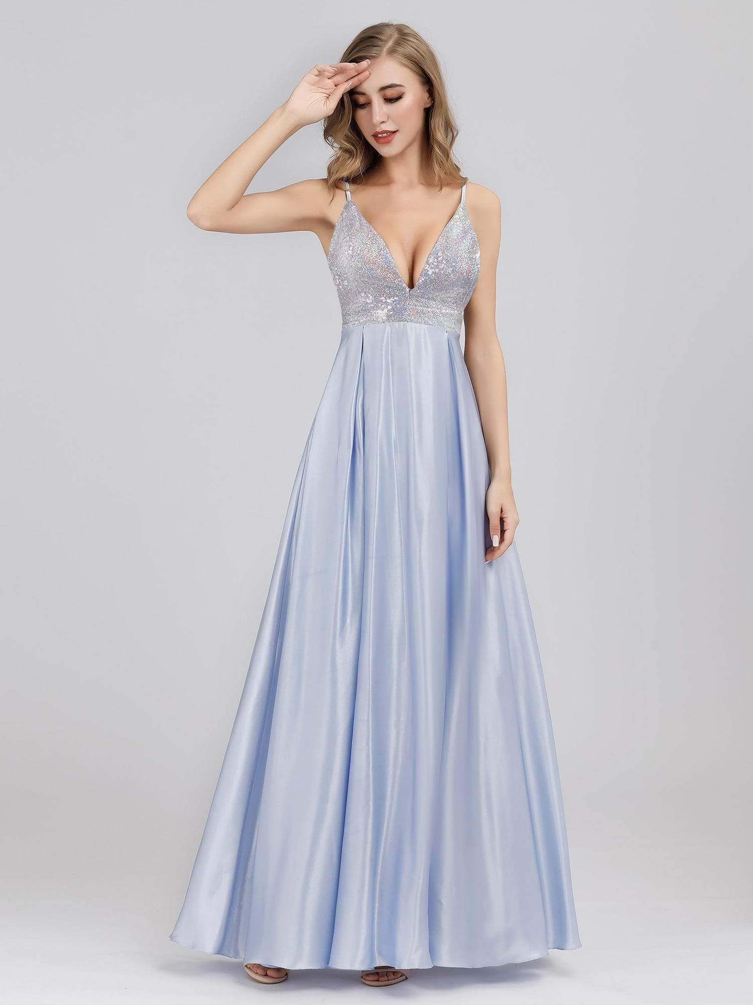 Color=Sky Blue | Women'S A-Line V-Neck Beaded Floor Length Evening Dress-Sky Blue 3