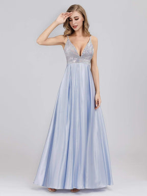 Color=Sky Blue | Women'S A-Line V-Neck Beaded Floor Length Evening Dress-Sky Blue 3