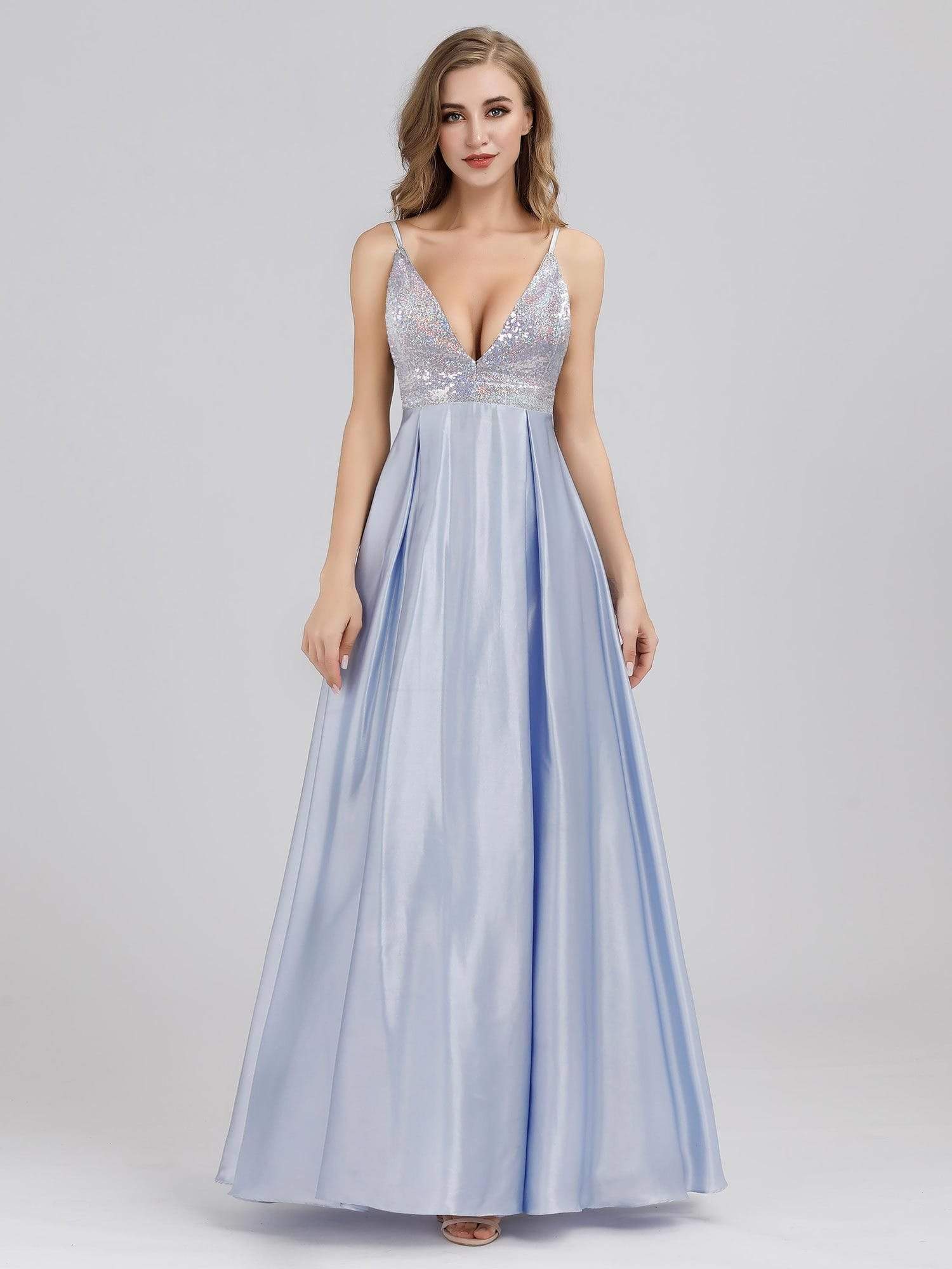 Color=Sky Blue | Women'S A-Line V-Neck Beaded Floor Length Evening Dress-Sky Blue 4
