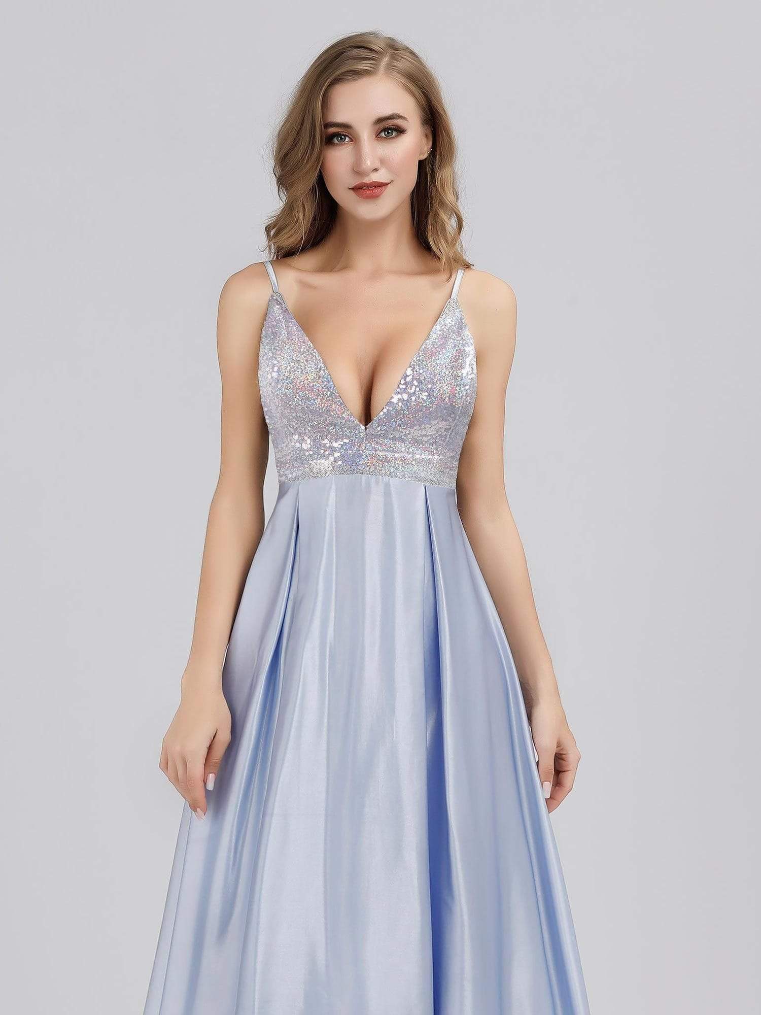 Color=Sky Blue | Women'S A-Line V-Neck Beaded Floor Length Evening Dress-Sky Blue 5